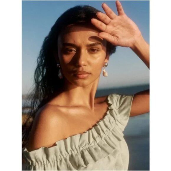 Reformation 100% Linen Sycamore Off Shoulder Midi Dress in Dried Herbs Green S - Picture 3 of 9